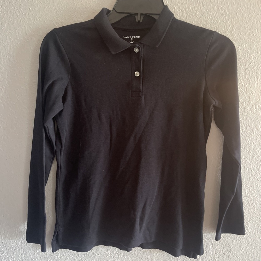 Lands' End Boys Long Sleeve Polo Shirt Navy Blue M (10-12) 2 Button NWOT